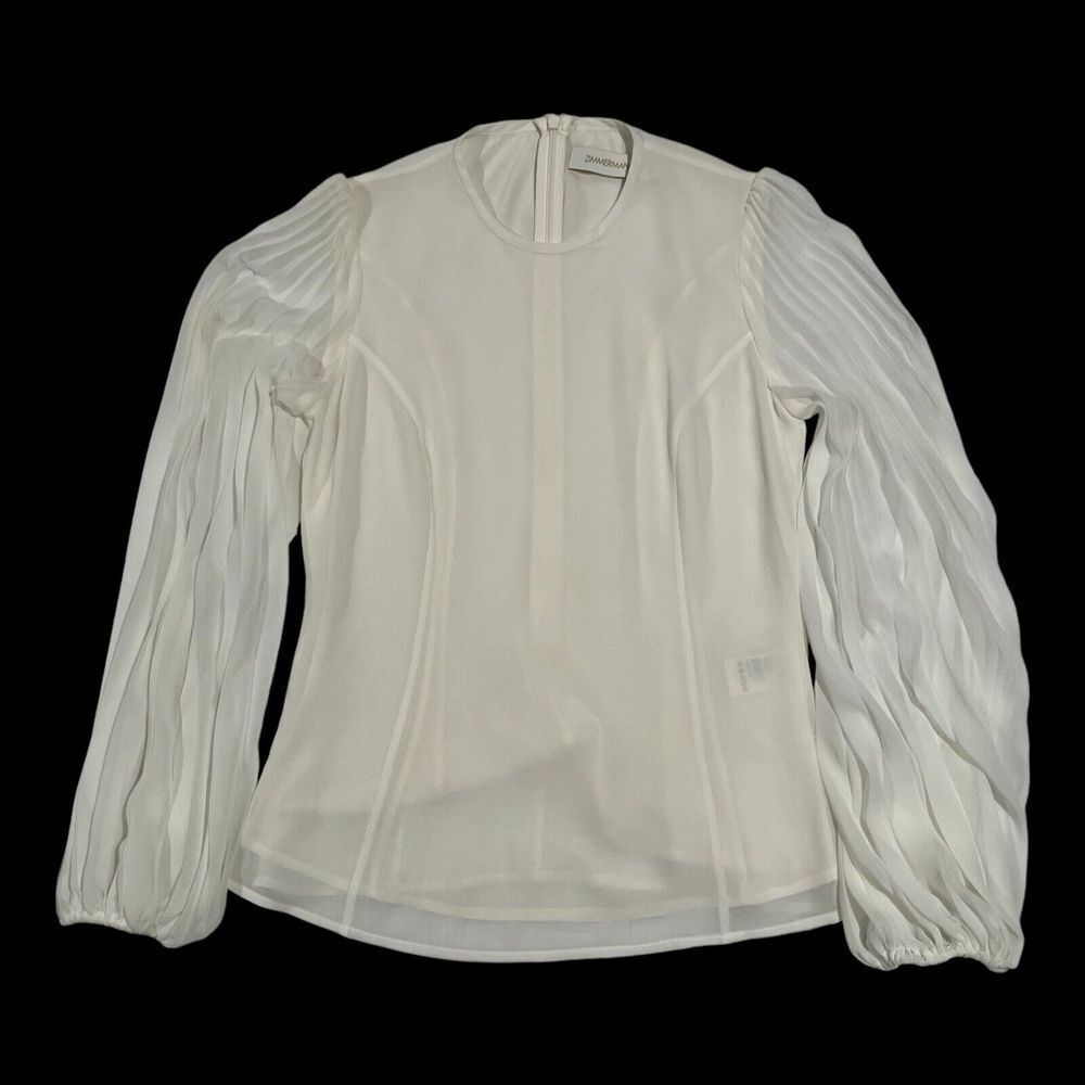 Zimmermann Crew Neck Balloon Long Sleeves Lined Blouse Back Zipper OffWhite Sz 0